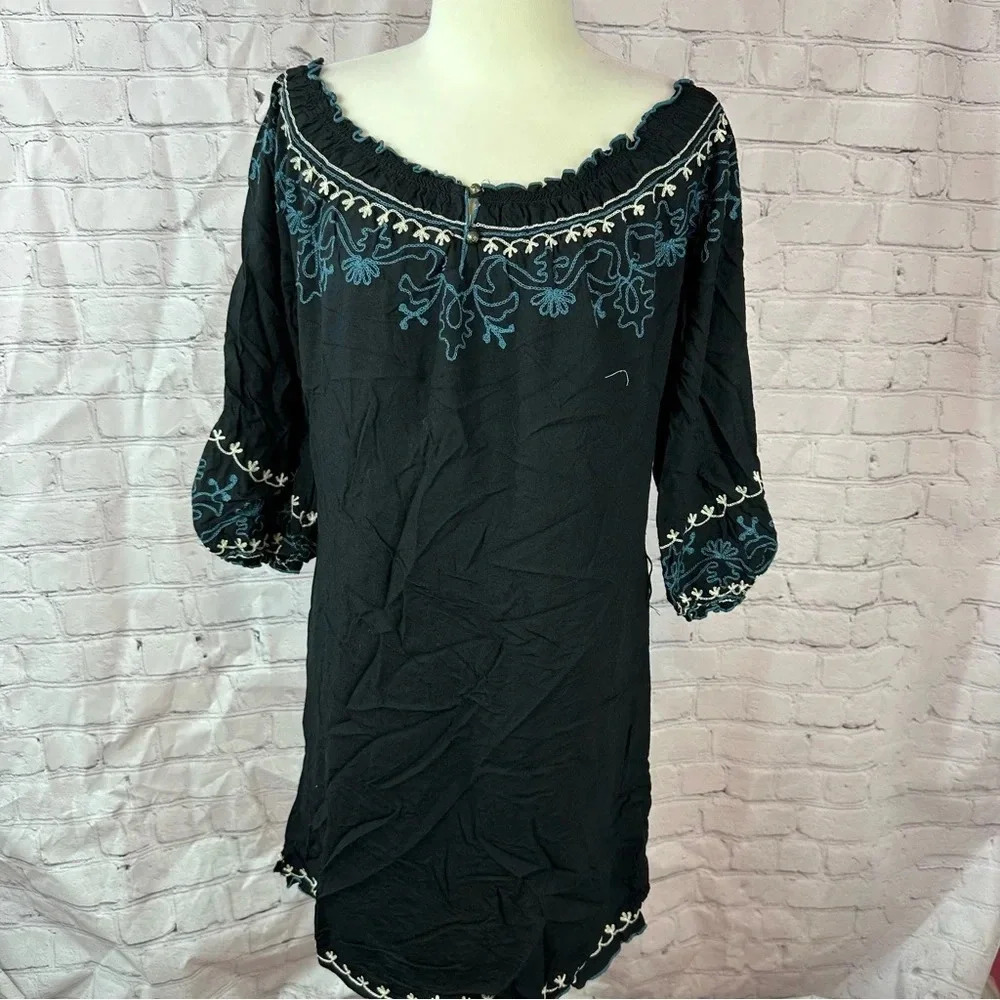 lucky brand black dress boho western embroidered detail sz medium